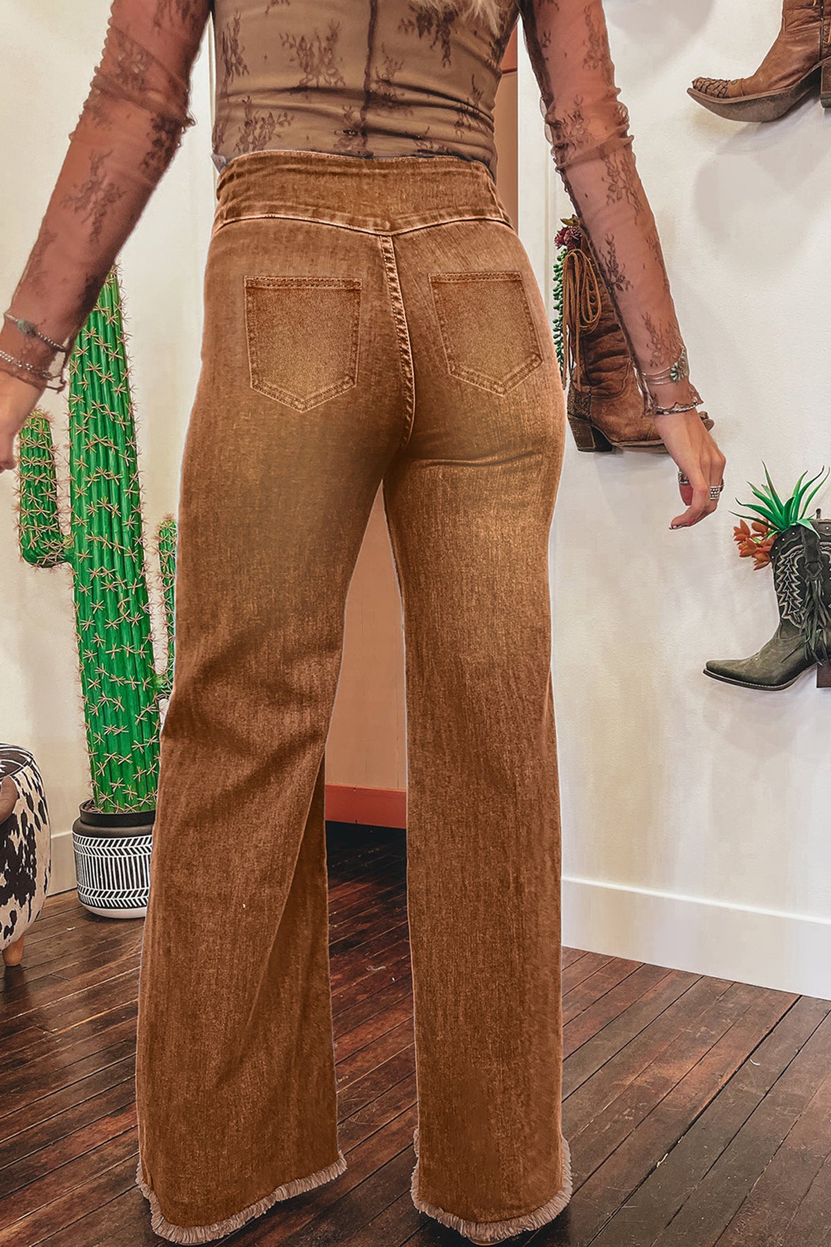 Coffee High Waist Button Fly Raw Hem Flare Jeans