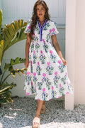 Floral Puff Sleeve V Neck High Waist Maxi Dress