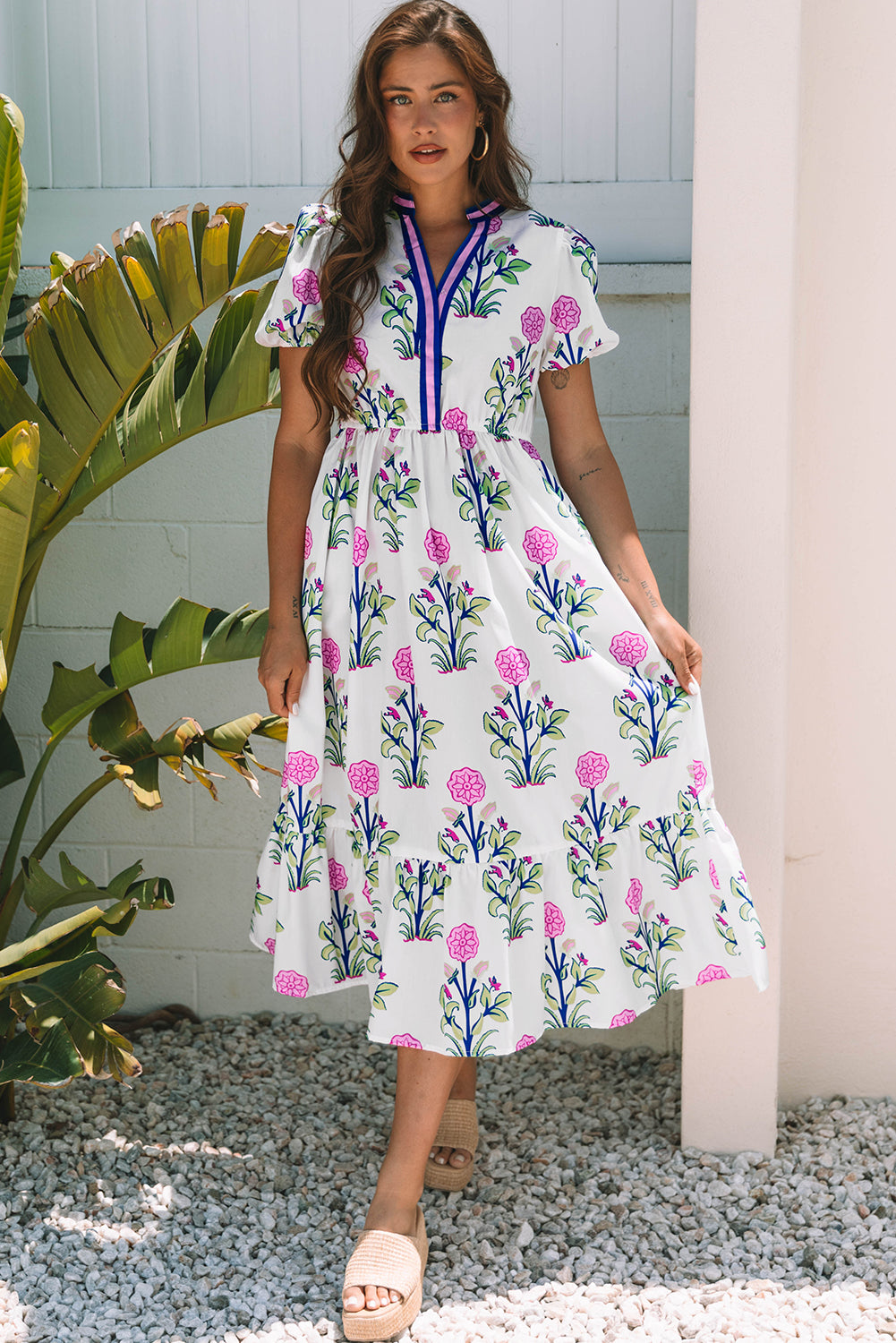 Floral Puff Sleeve V Neck High Waist Maxi Dress
