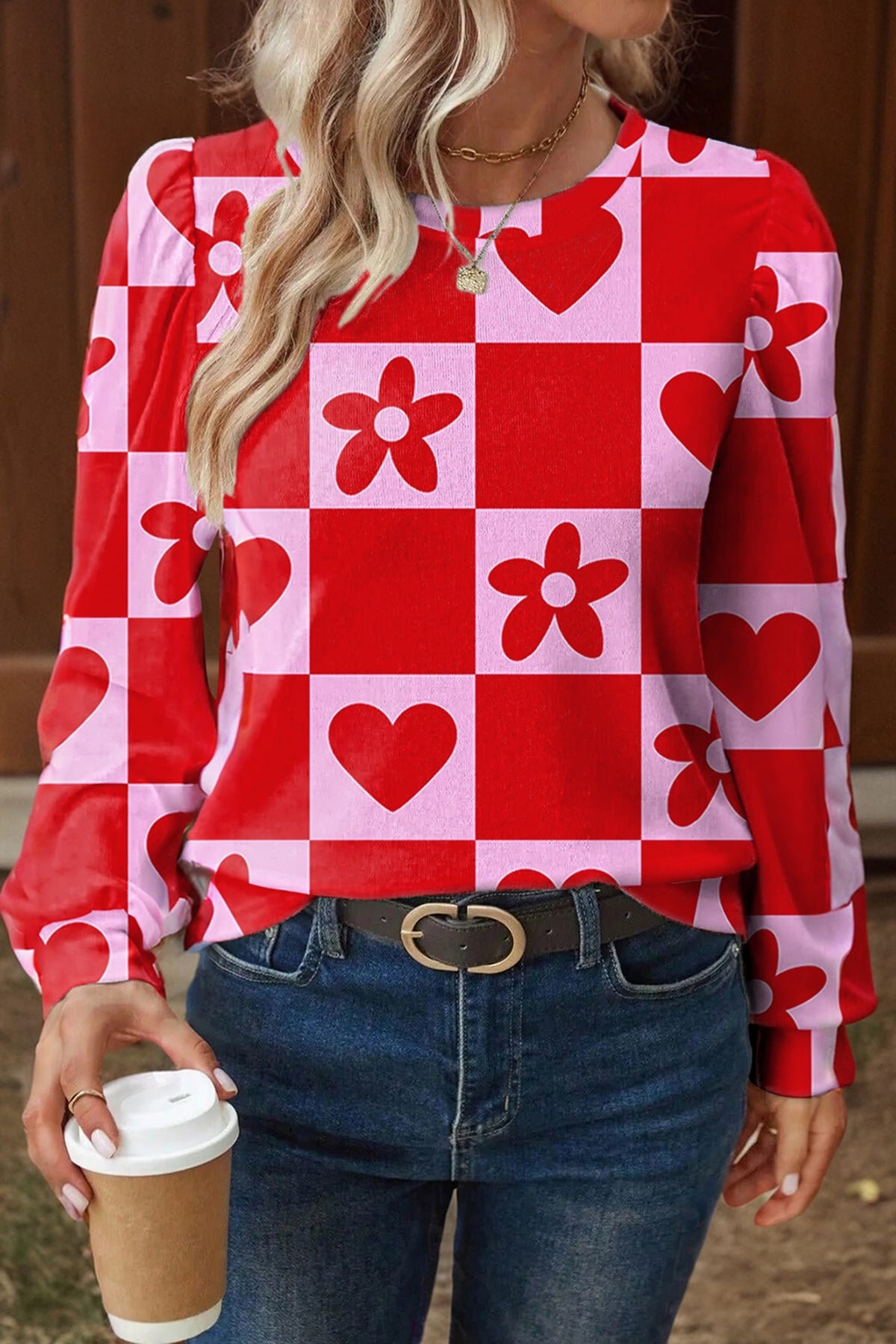 Beige Flower Heart Print Valentine Blouse
