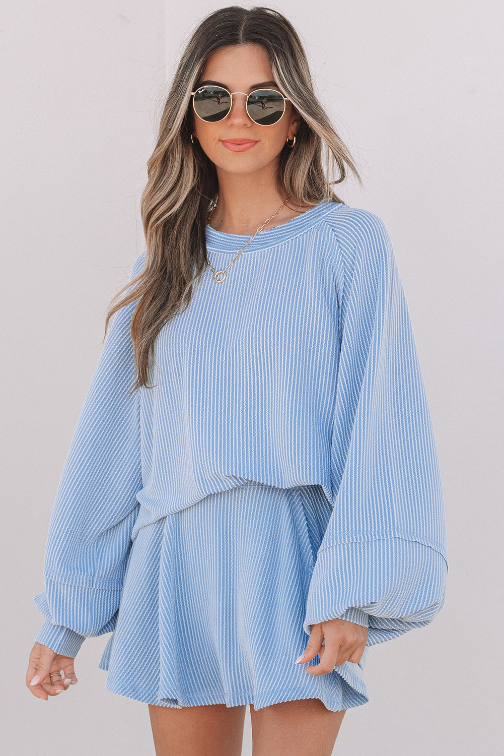 Corded Lantern Sleeve & High Waist Ruffled Mini Skort Set