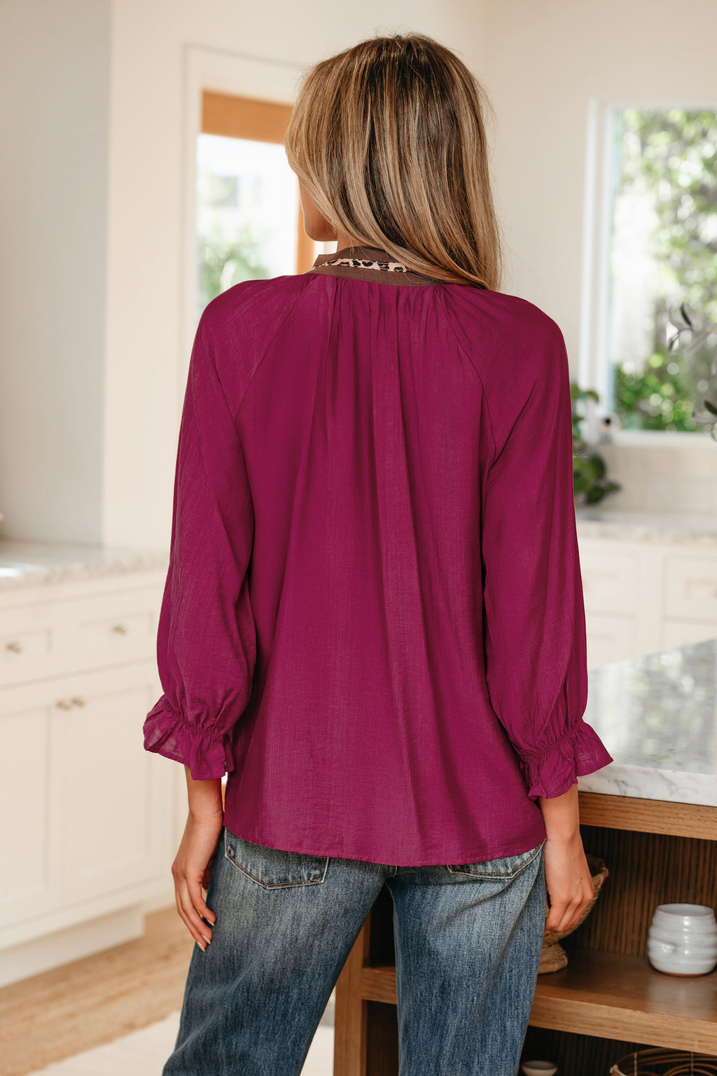 Violet Leopard Trim V Neck Flounced Sleeve Blouse