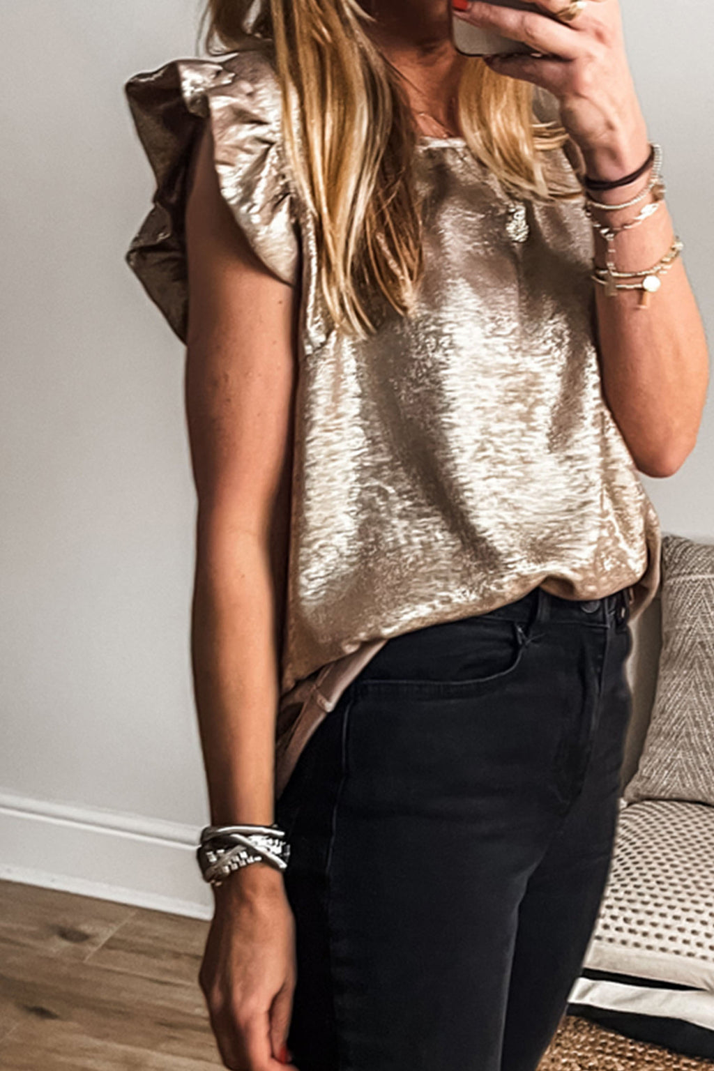 Gold Metallic Ruffle Trim Sleeveless Top
