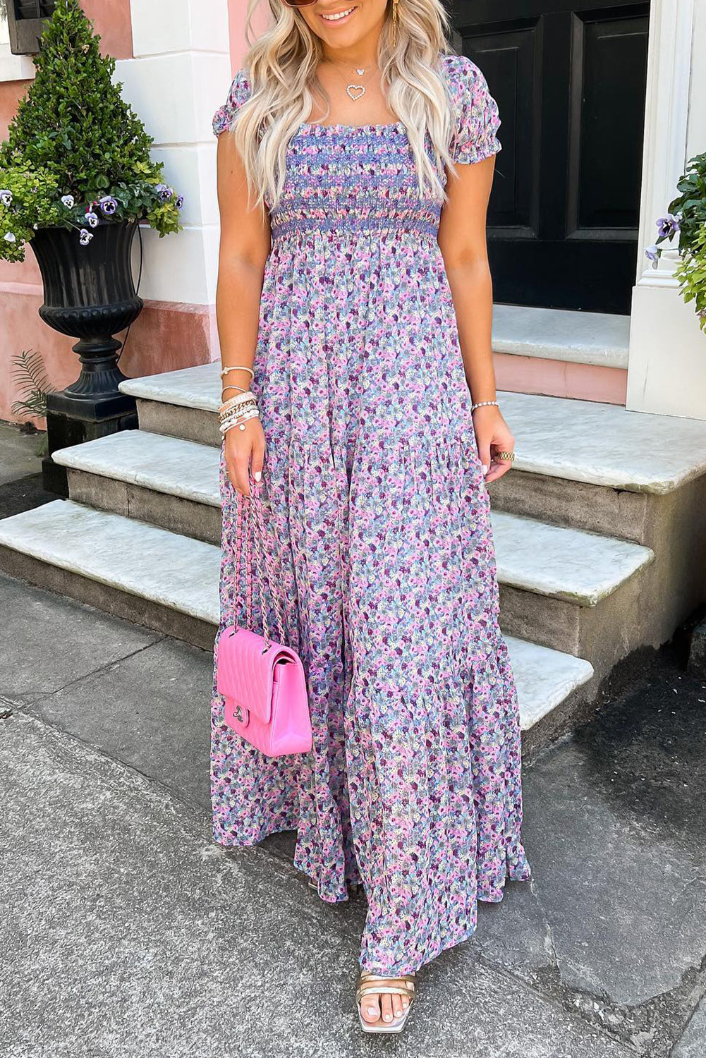Purple Floral Bubble Sleeve Shirred High Waist Maxi Dress
