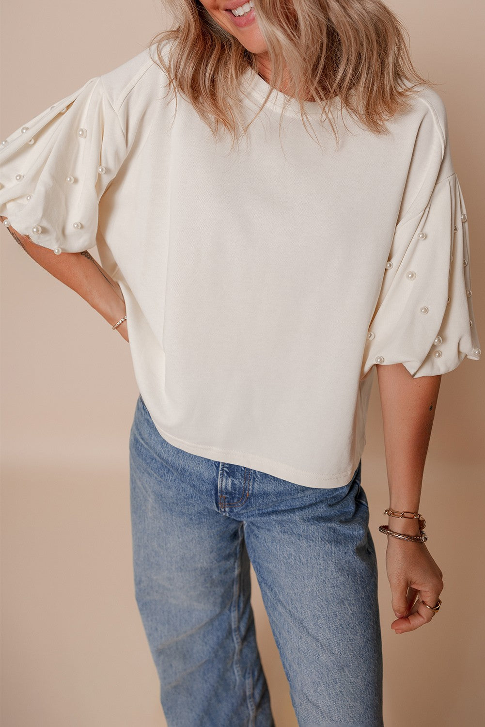 Sylvia Pearled Puff Sleeve Loose Top-0
