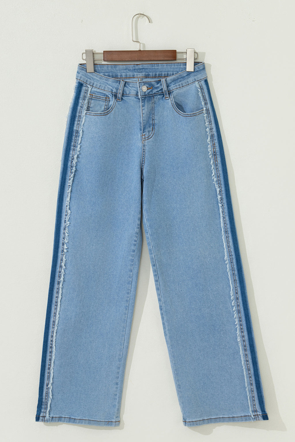 Blue Contrast Stripe Frayed Side Panel Patchwork Jeans