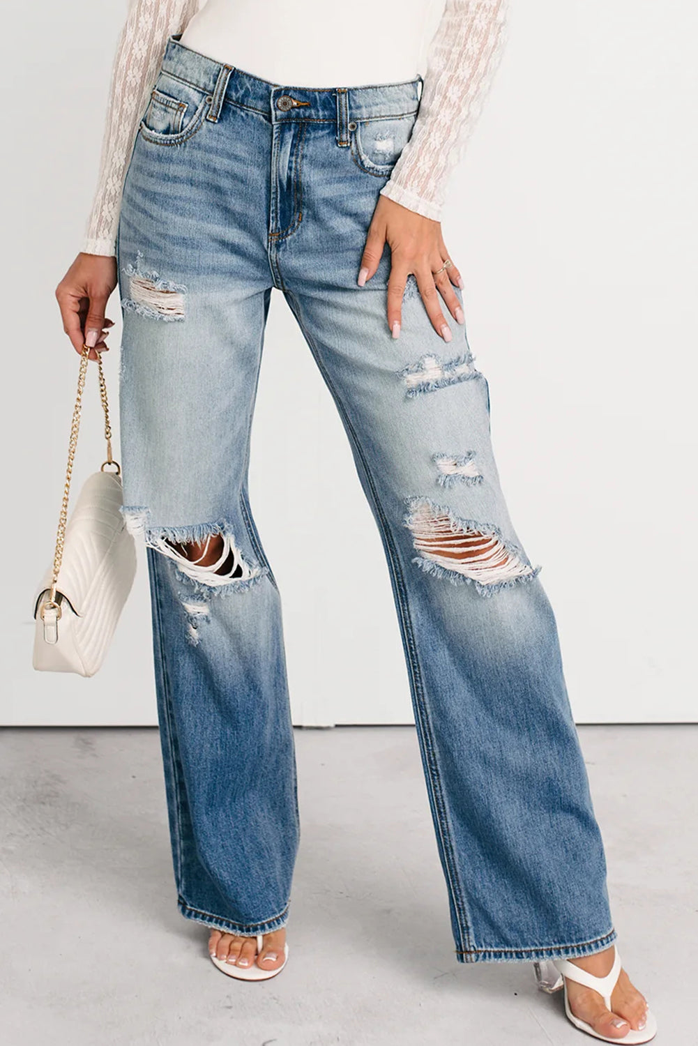 Mid Rise Distressed Straight Leg Jeans
