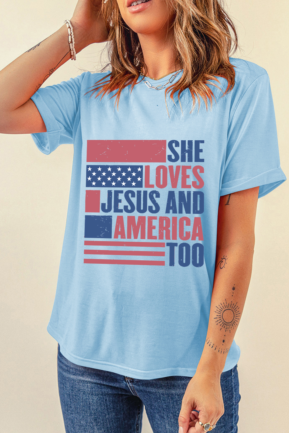 Light Blue "She Loves Jesus and America Too" Flag Graphic Tee