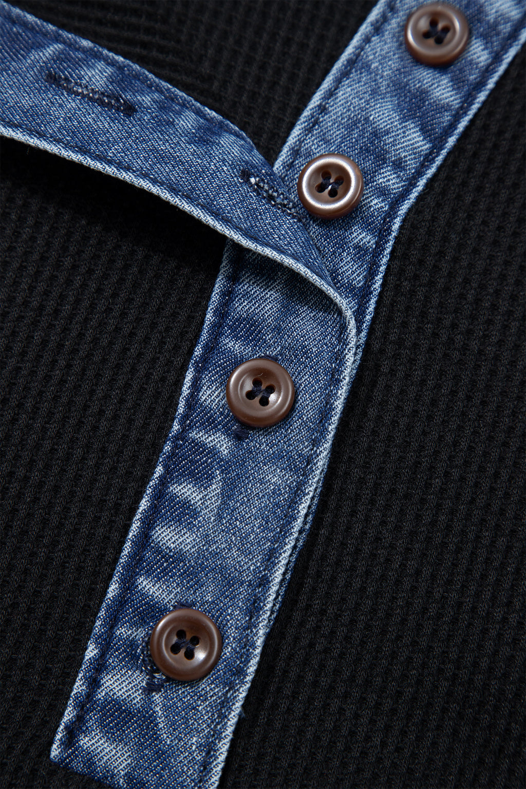 Black Waffle Knit Denim Contrast Trim Button Polo Top