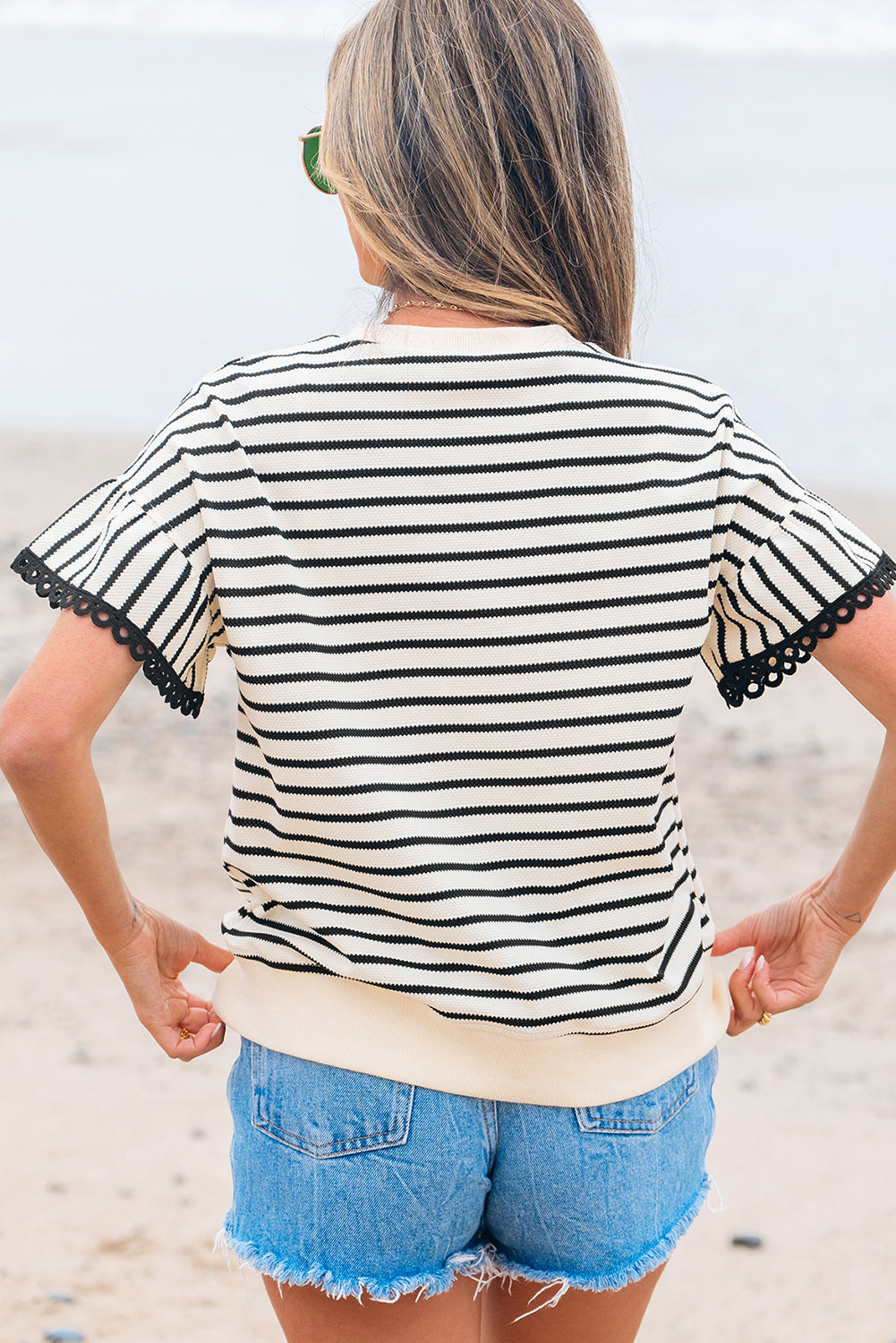 Black Stripe Scallop Lace Trim Ruffle Short Sleeve Top