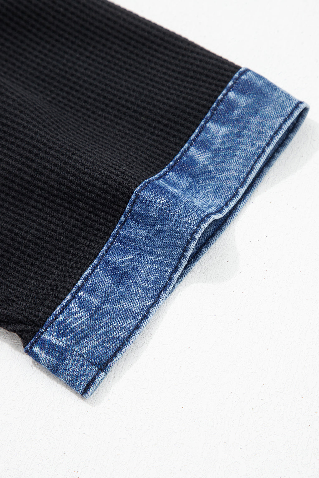 Black Waffle Knit Denim Contrast Trim Button Polo Top