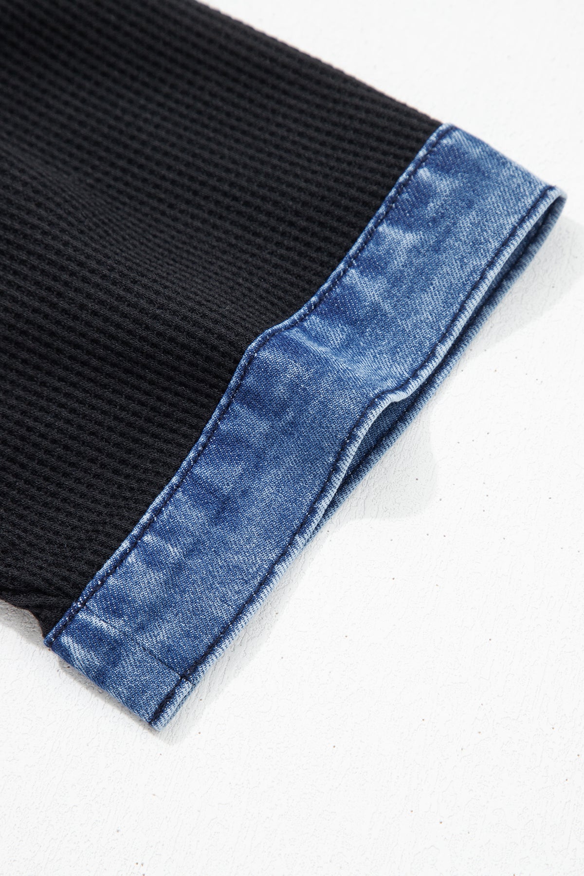 Black Waffle Knit Denim Contrast Trim Button Polo Top