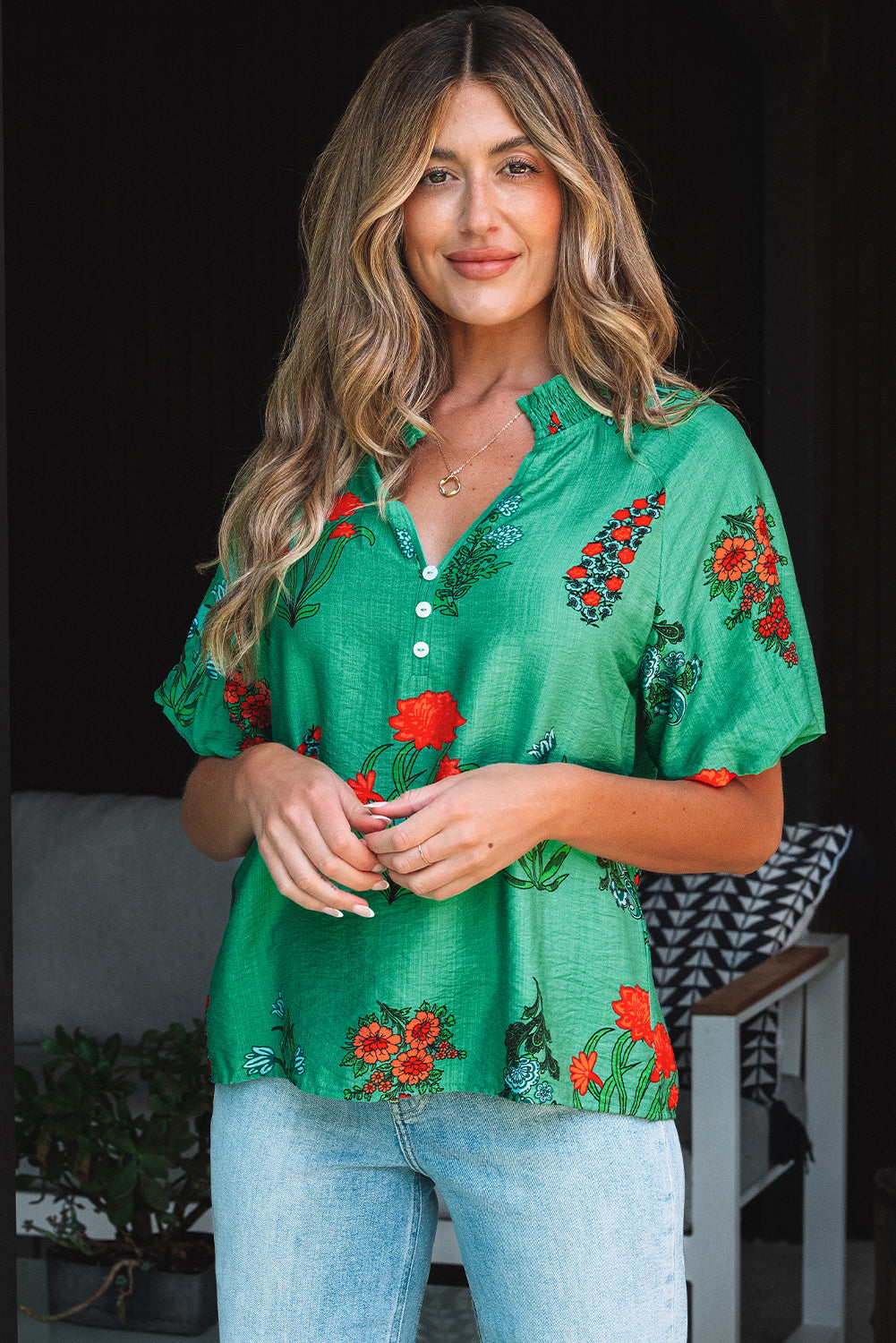 Penelope Floral Buttoned V Neck Short Sleeve Blouse-3