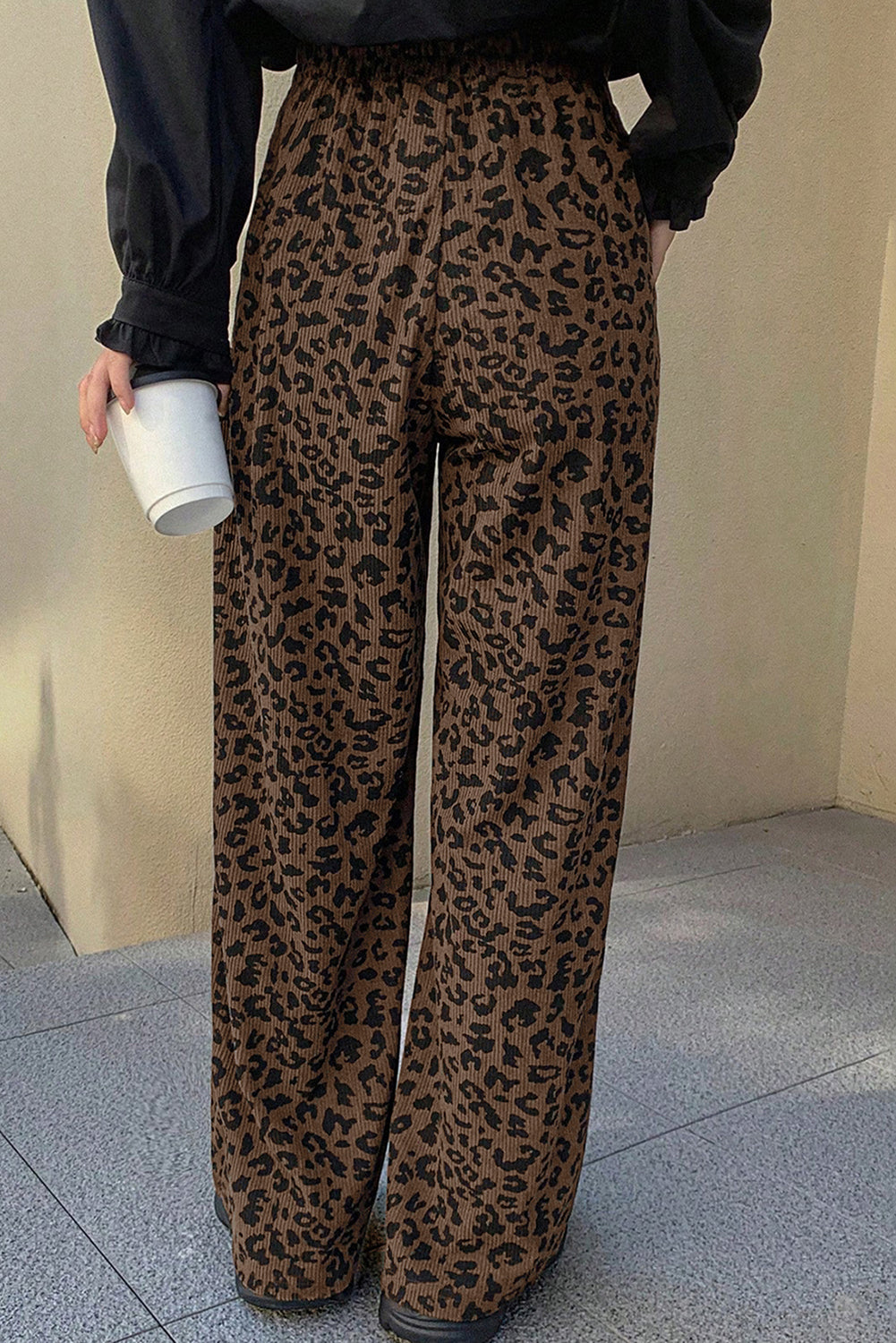 Dark Brown Leopard Print High Waist Loose Corduroy Pants