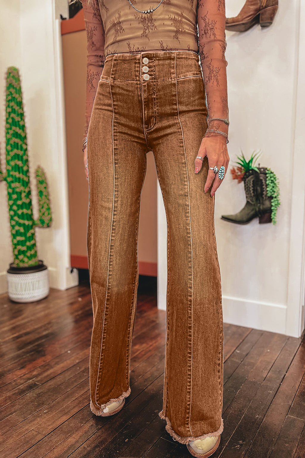 Coffee High Waist Button Fly Raw Hem Flare Jeans