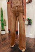 Coffee High Waist Button Fly Raw Hem Flare Jeans