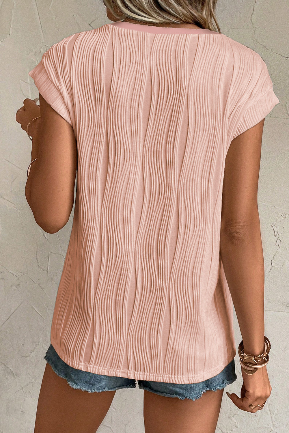 Wavy Textured Button V Neck Tee