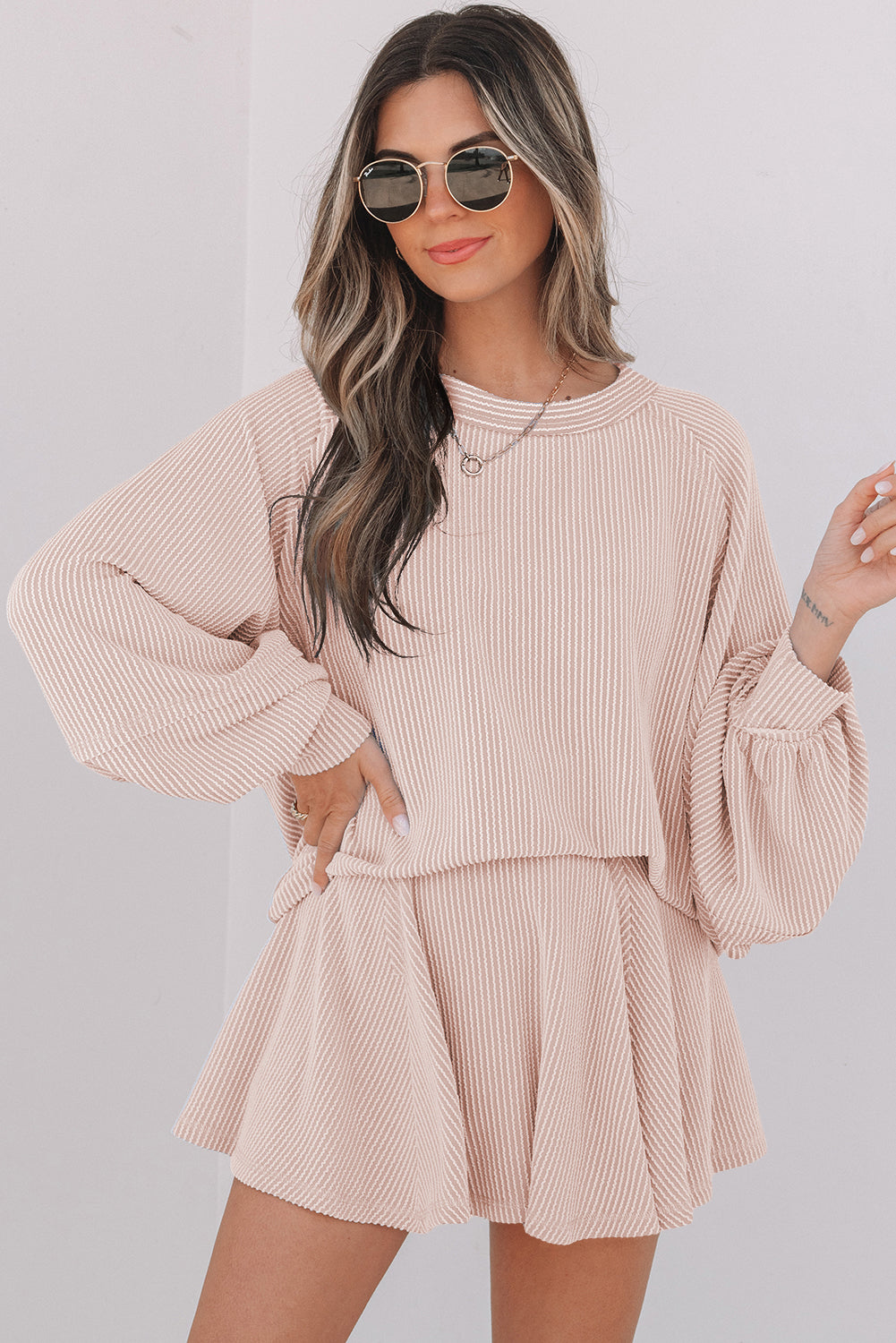 Corded Lantern Sleeve & High Waist Ruffled Mini Skort Set