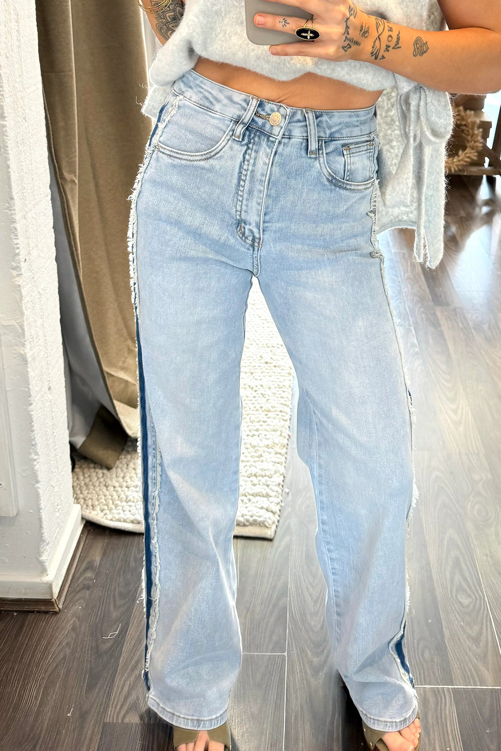 Blue Contrast Stripe Frayed Side Panel Patchwork Jeans