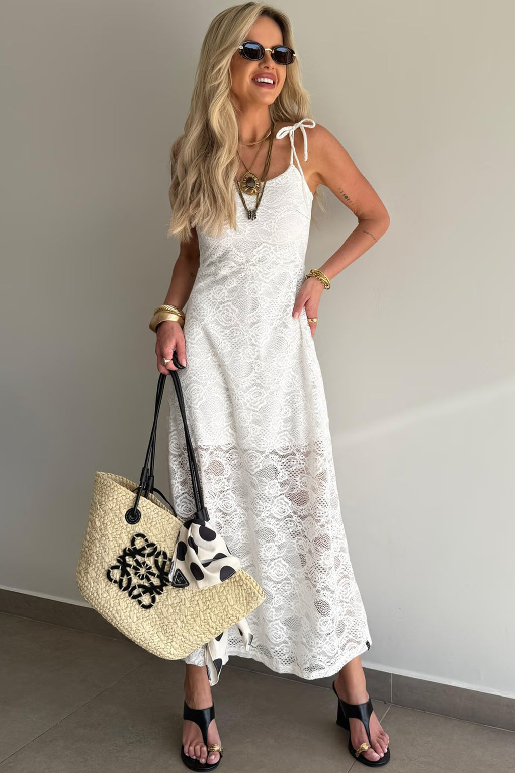 White Floral Lace Overlay Tie Spaghetti Strap Maxi Dress