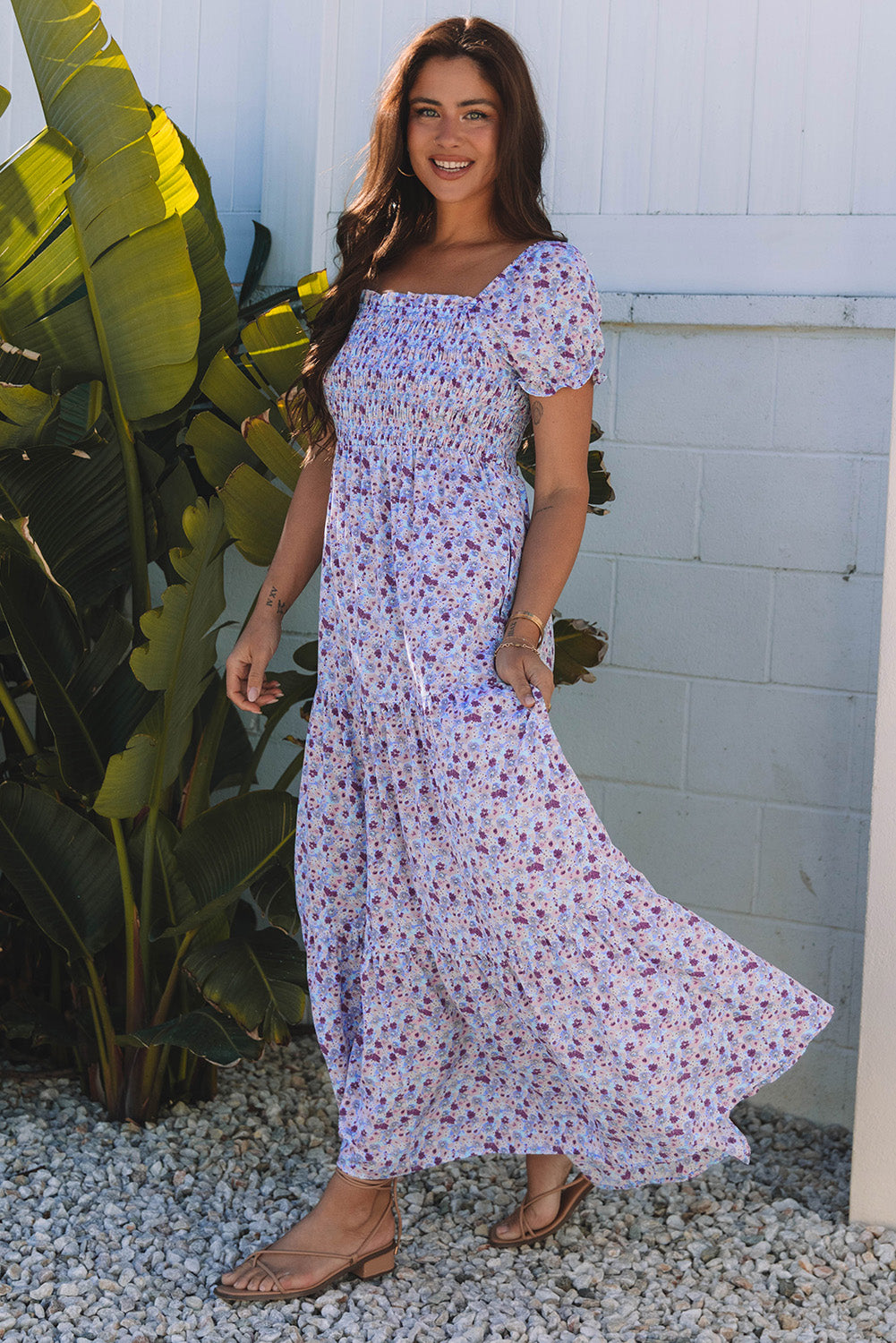 Purple Floral Bubble Sleeve Shirred High Waist Maxi Dress
