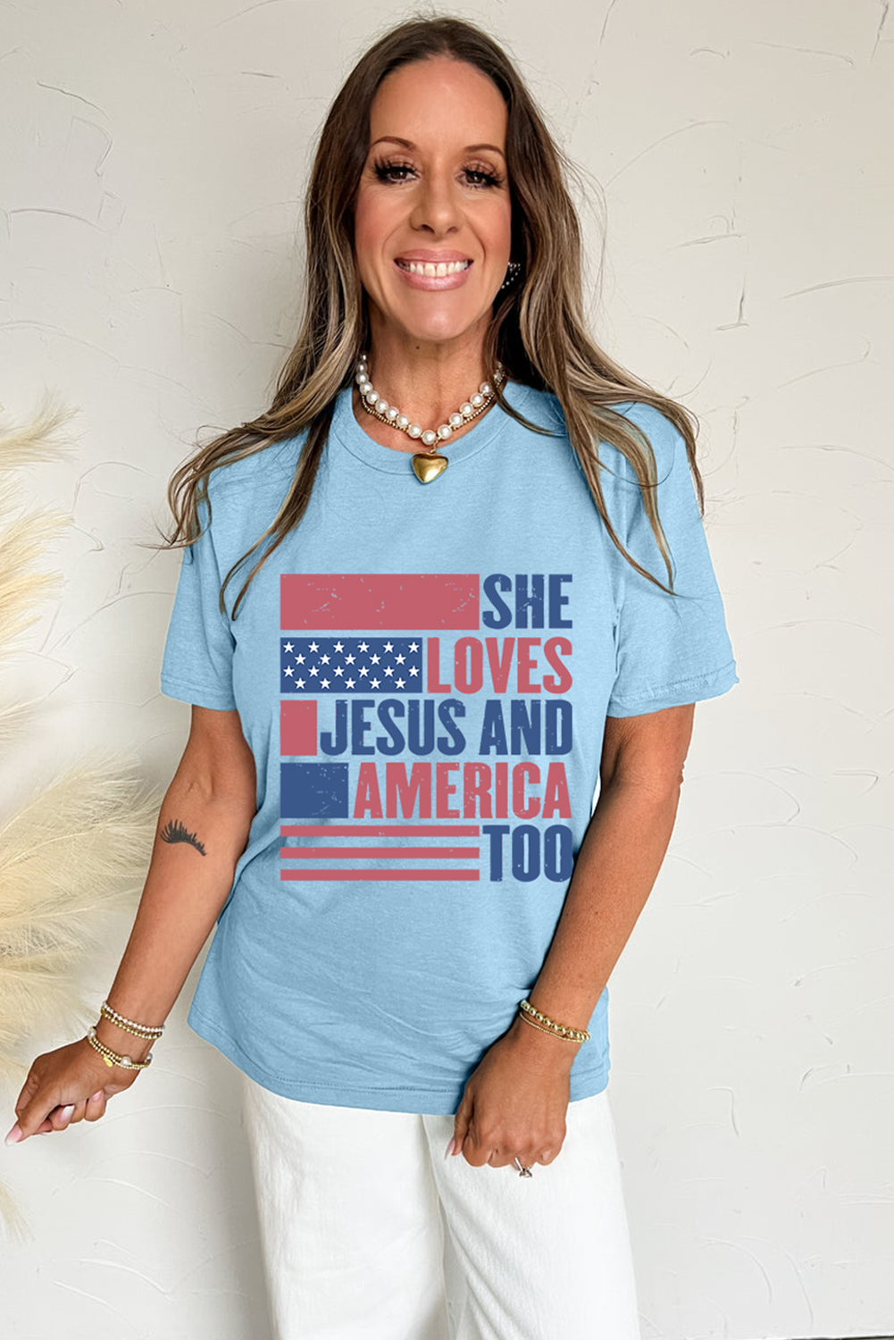 Light Blue "She Loves Jesus and America Too" Flag Graphic Tee