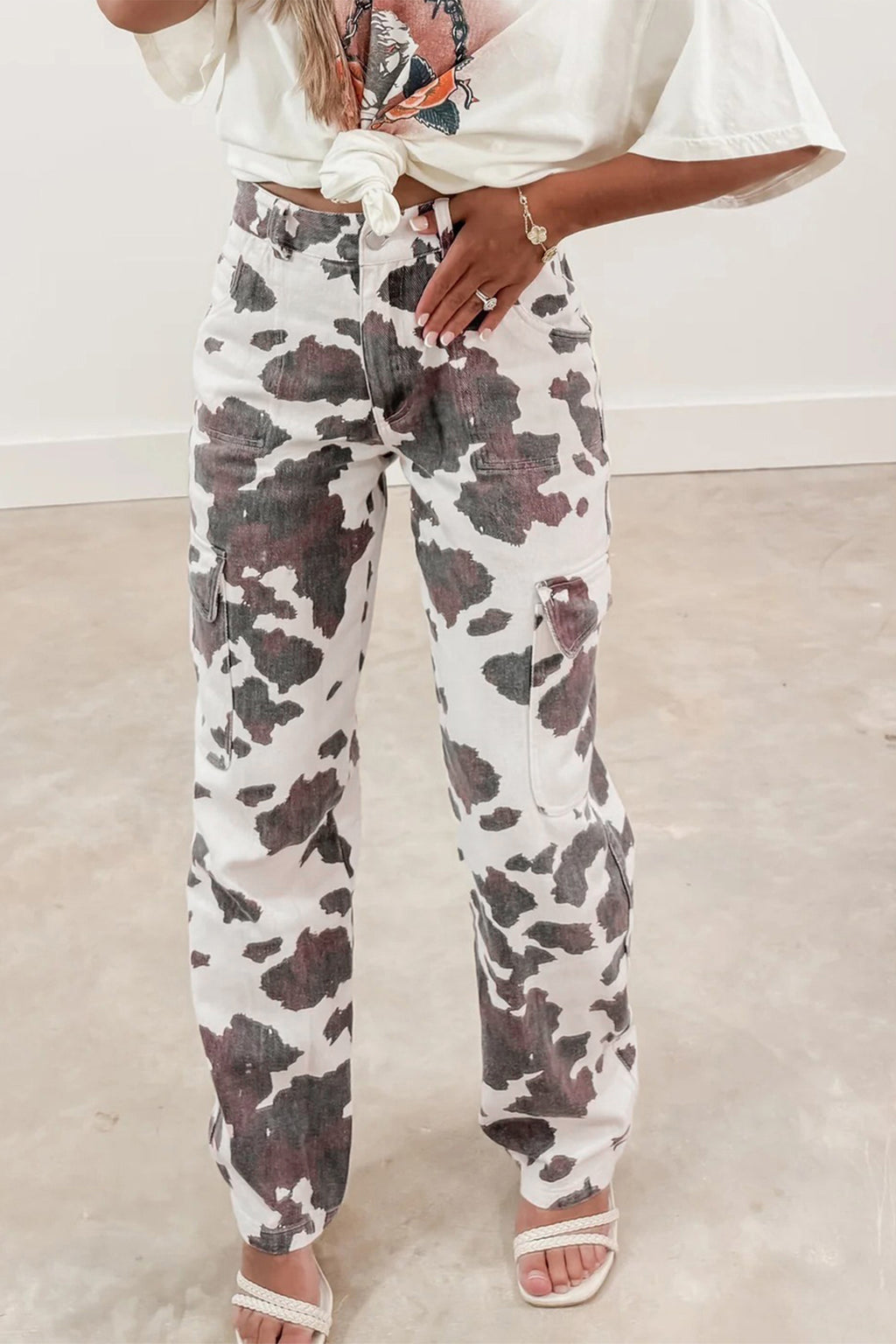 Brown Cow Print Multi-Pocket High Rise Jeans