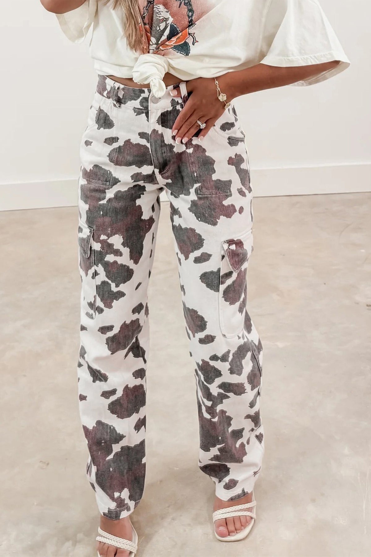 Brown Cow Print Multi-Pocket High Rise Jeans