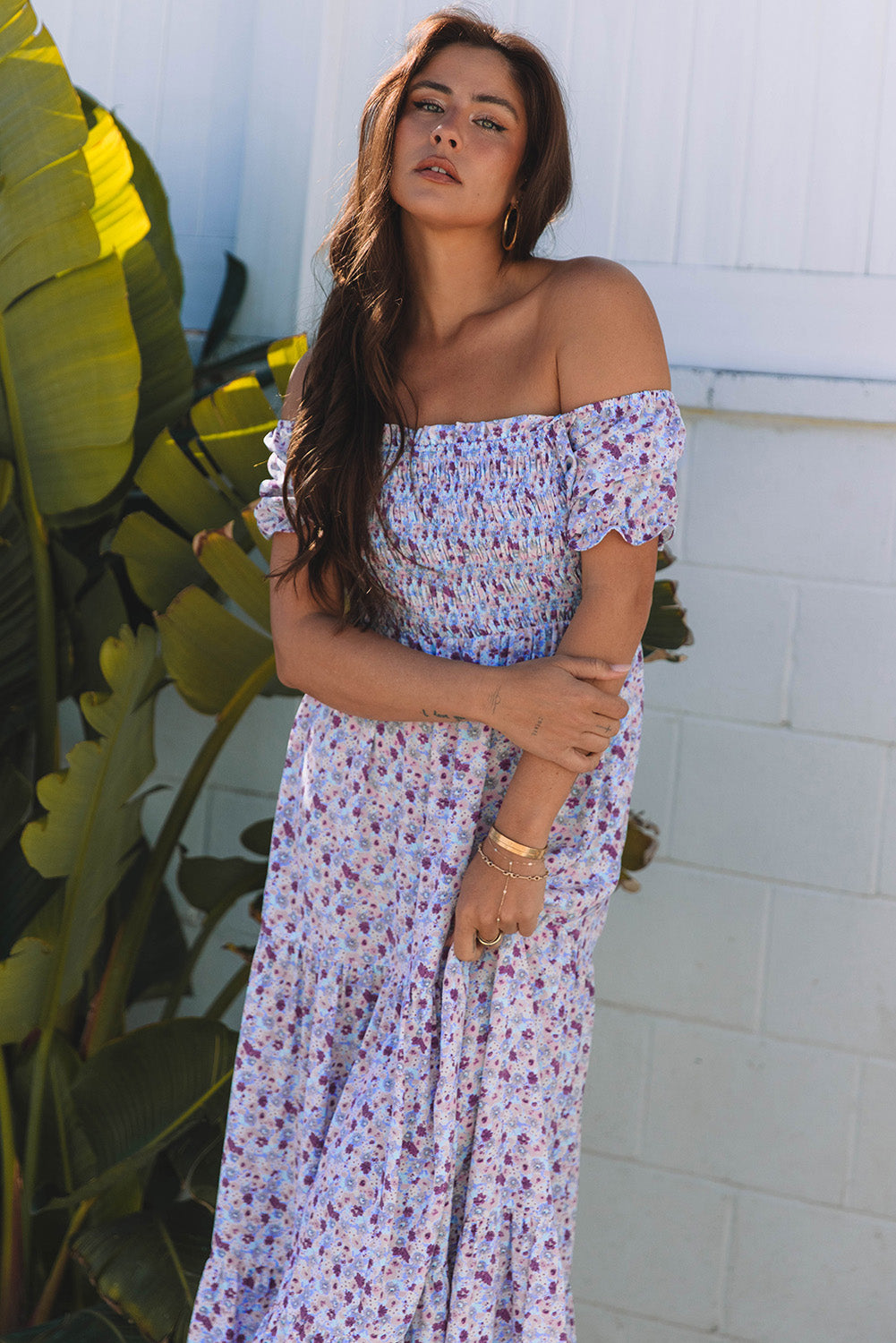 Purple Floral Bubble Sleeve Shirred High Waist Maxi Dress