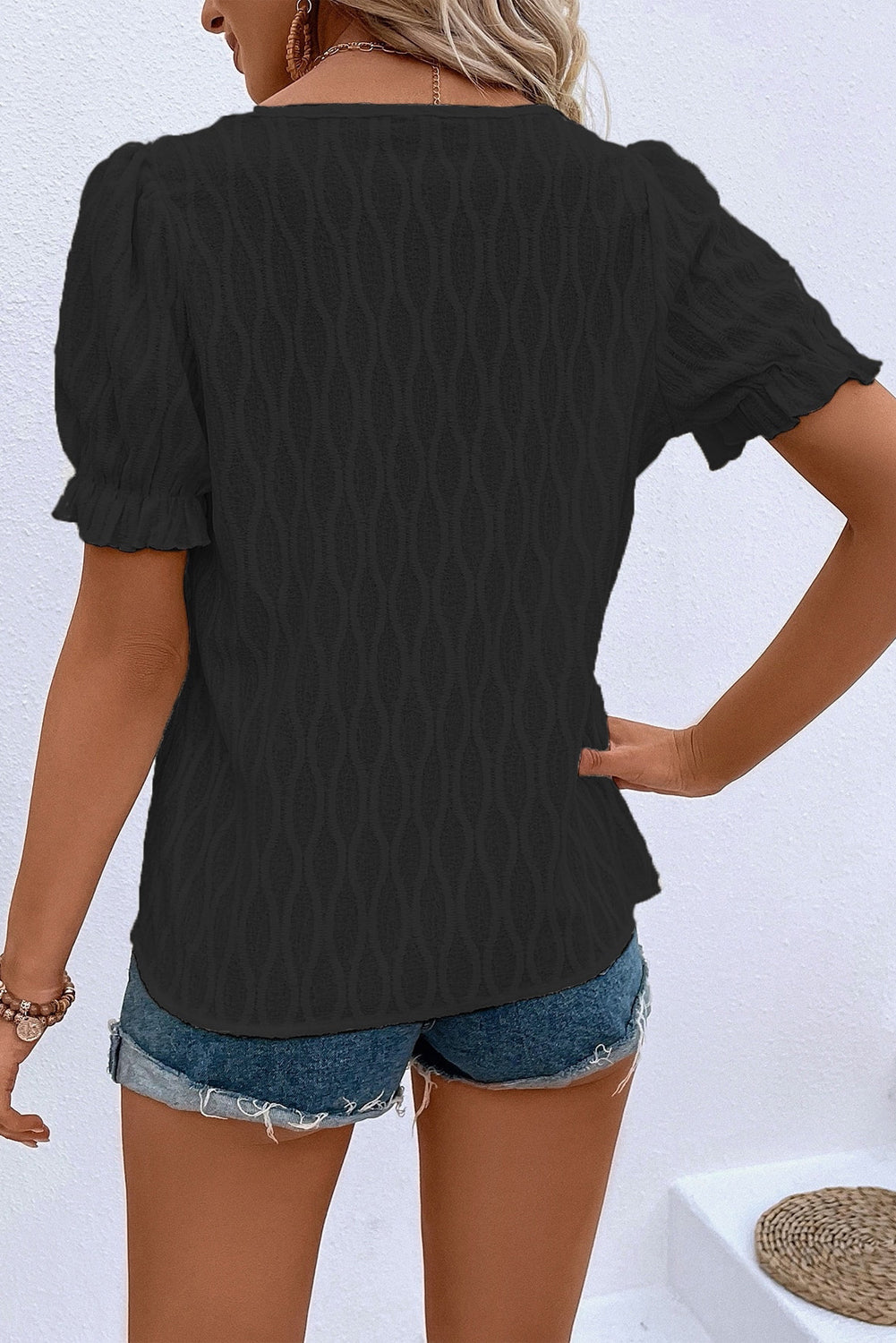 Textured Notched Neck Puff Sleeve Blouse