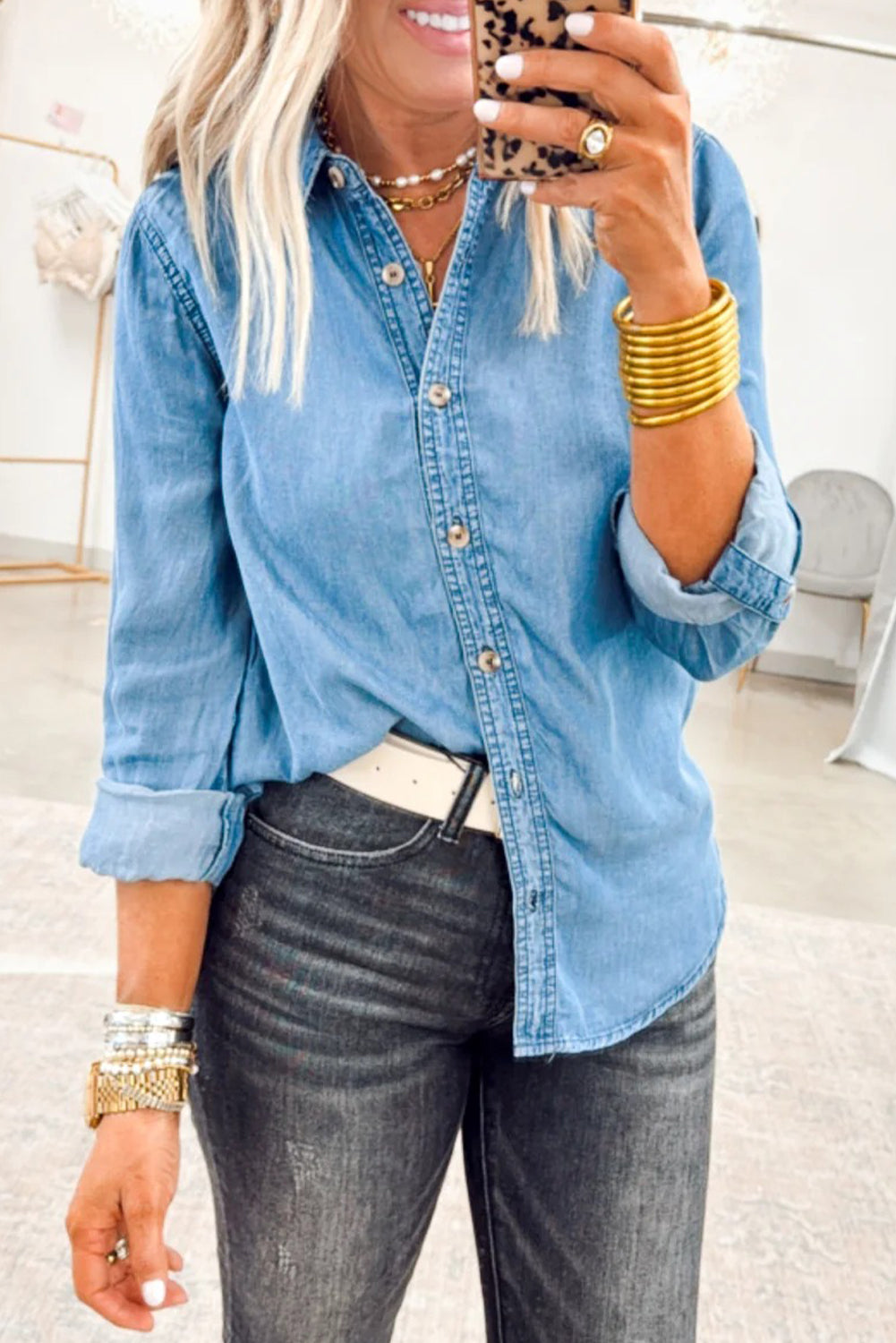 Blue Slim Fit Button Down Denim Shirt