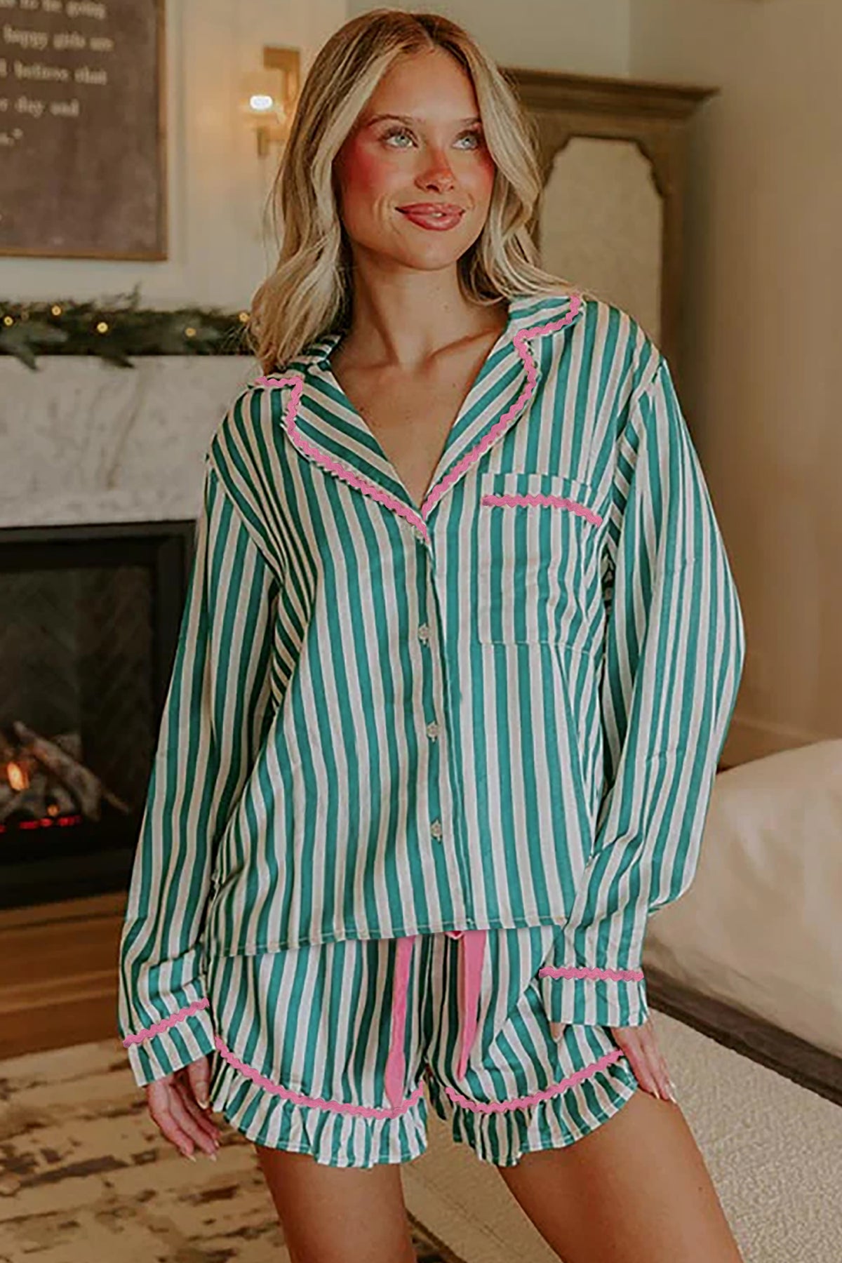 Green Stripe Ricrac Trim Long Sleeve Pajama Short Set