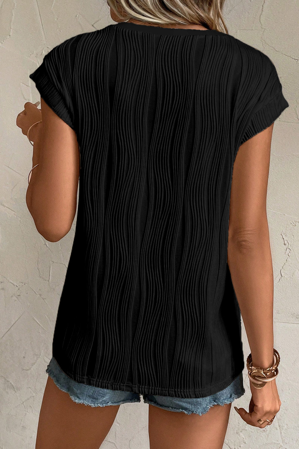 Wavy Textured Button V Neck Tee