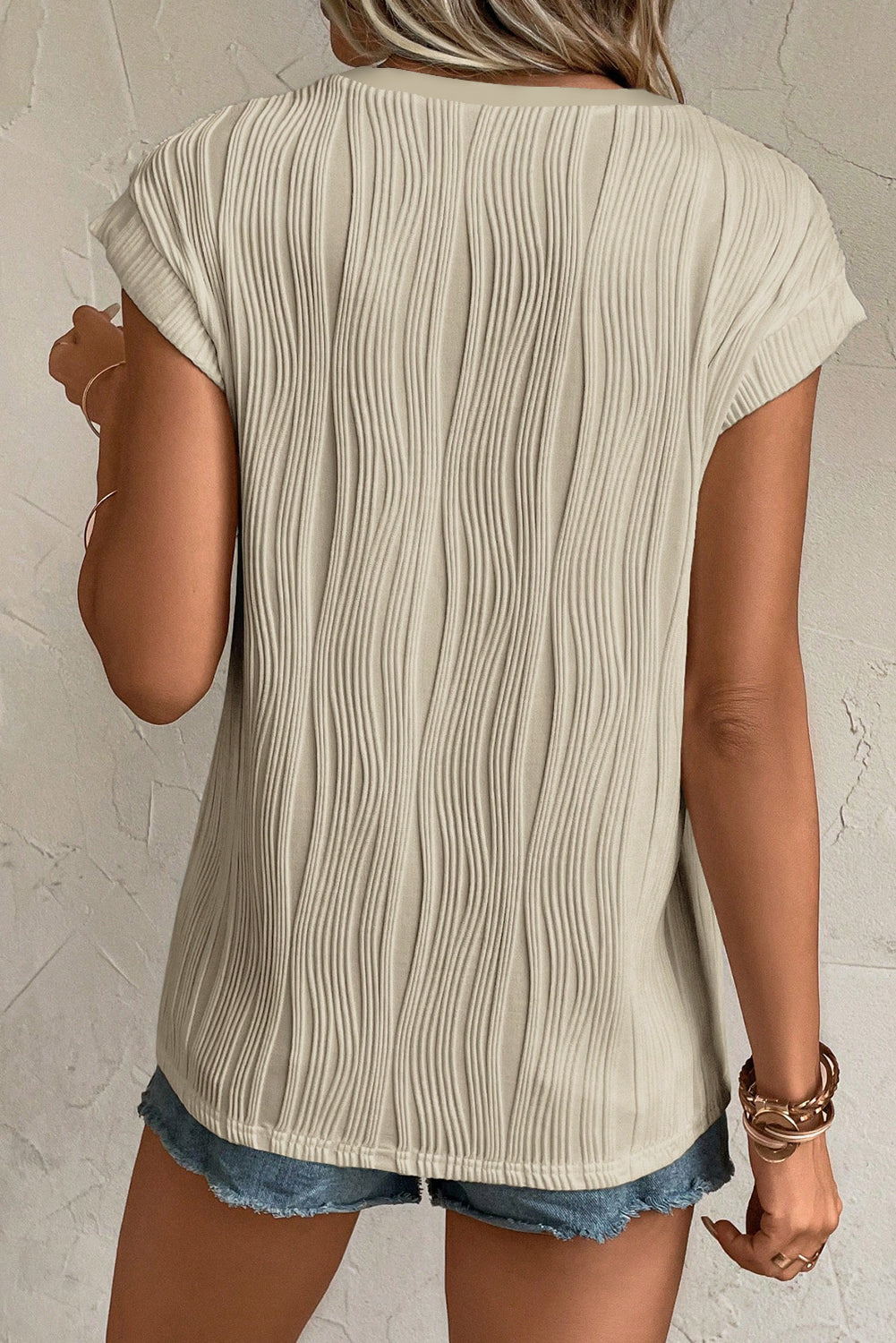 Wavy Textured Button V Neck Tee