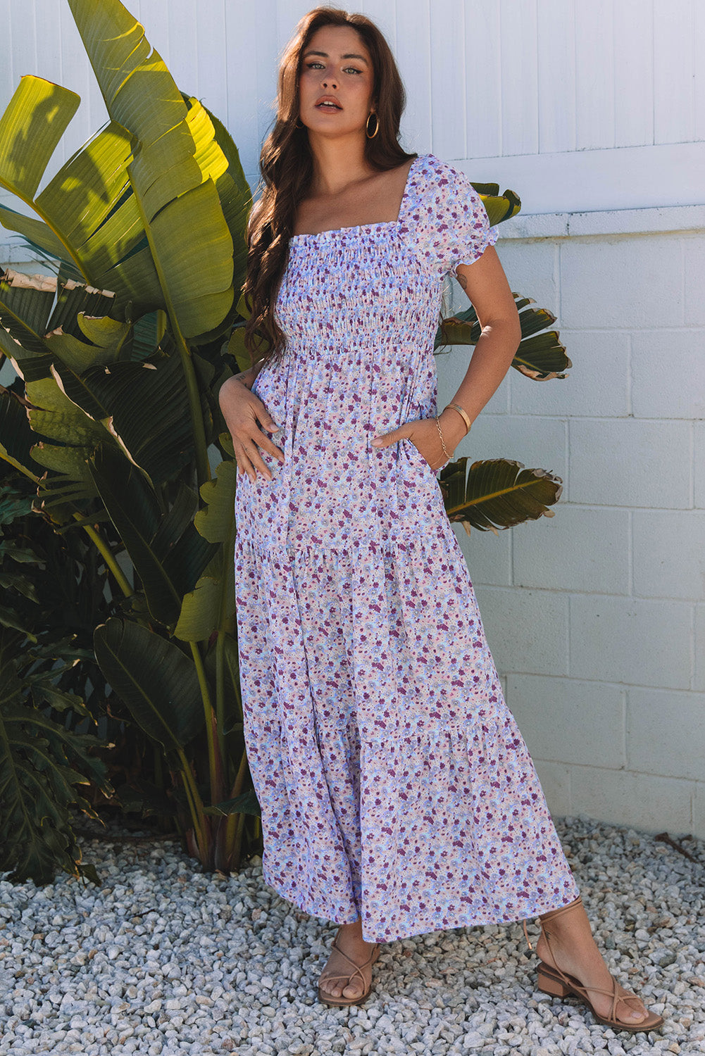 Purple Floral Bubble Sleeve Shirred High Waist Maxi Dress
