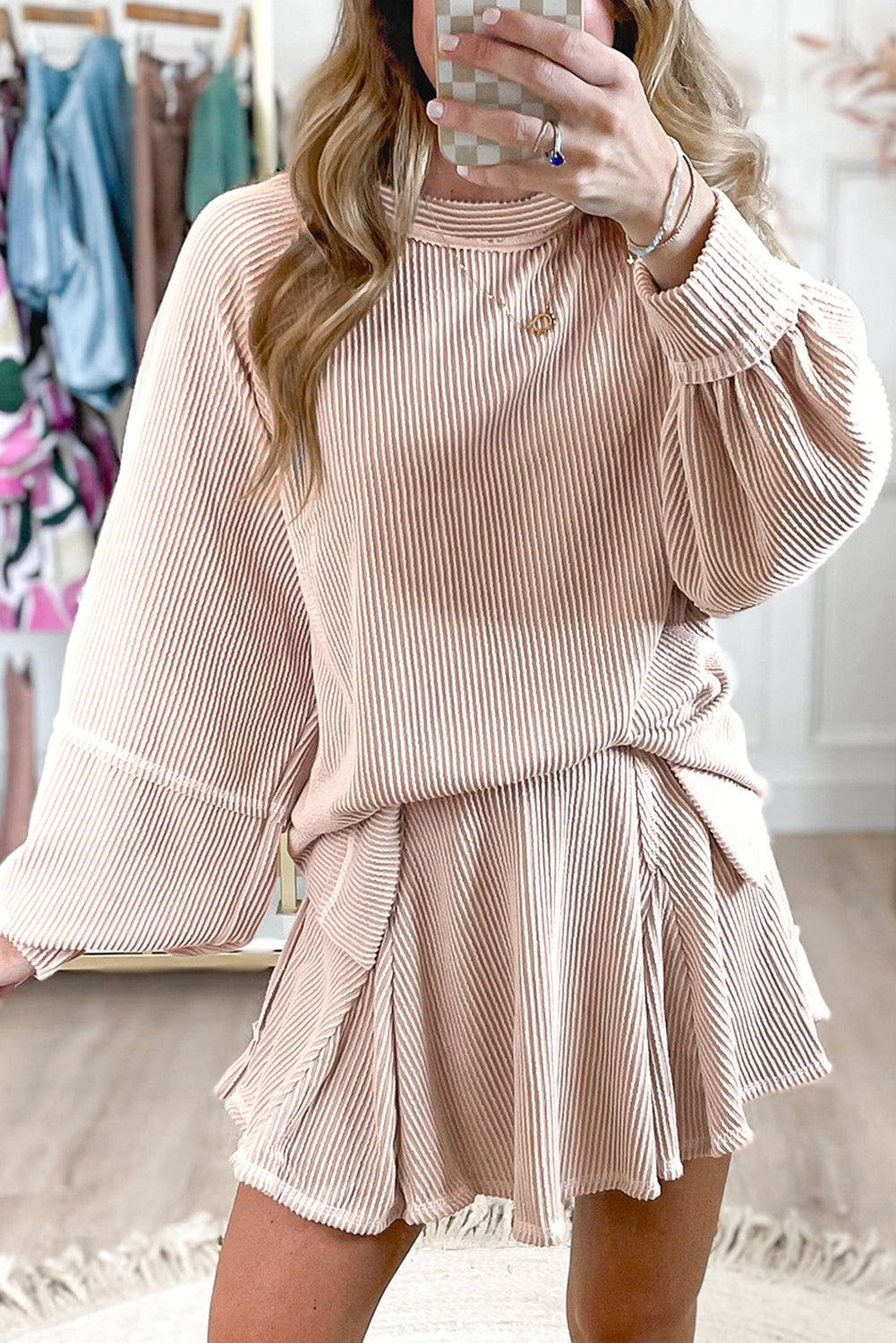 Corded Lantern Sleeve & High Waist Ruffled Mini Skort Set