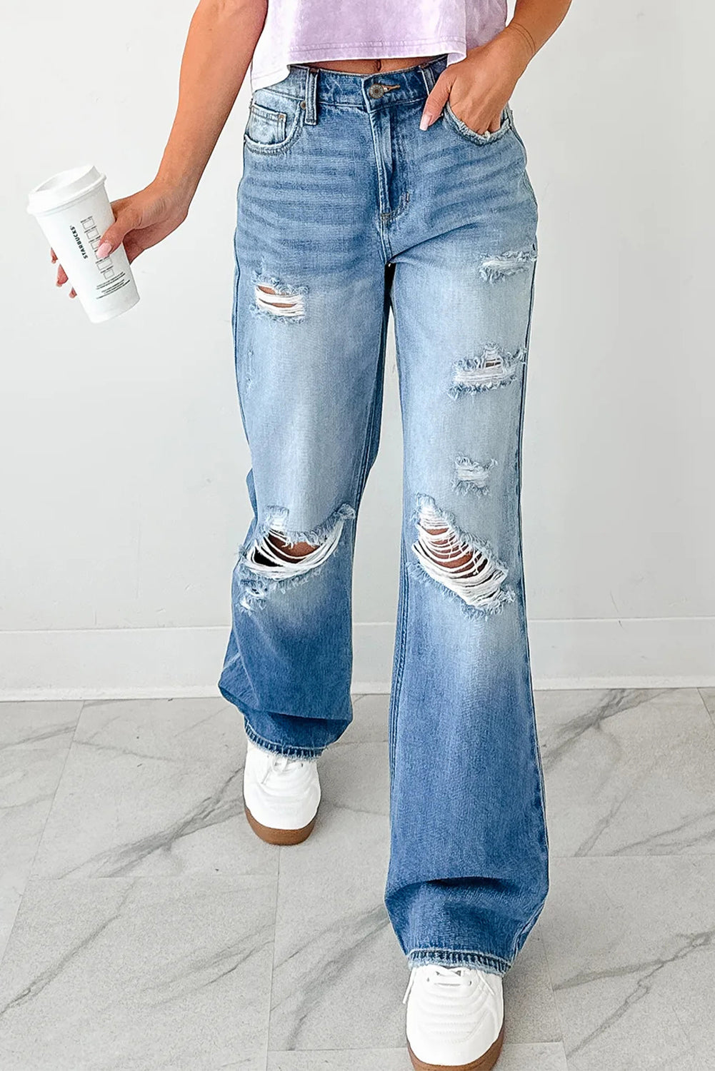 Mid Rise Distressed Straight Leg Jeans