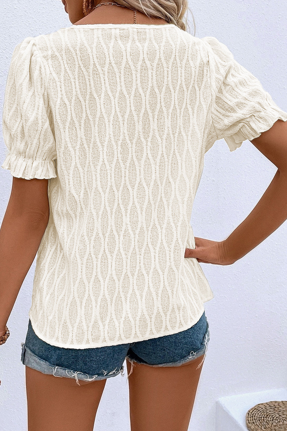 Textured Notched Neck Puff Sleeve Blouse