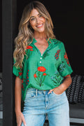 Penelope Floral Buttoned V Neck Short Sleeve Blouse-0