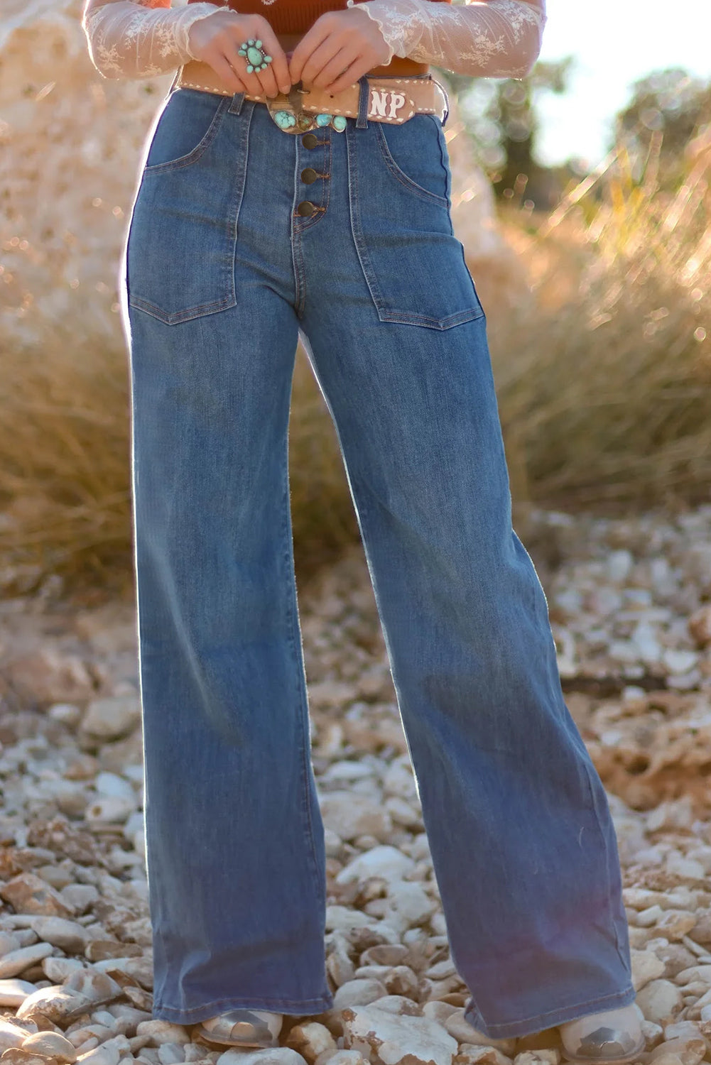 Multi-Button High Waist Wide Leg Jeans with Pockets