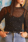 Black Rhinestone Sheer Mesh Long Sleeve Top