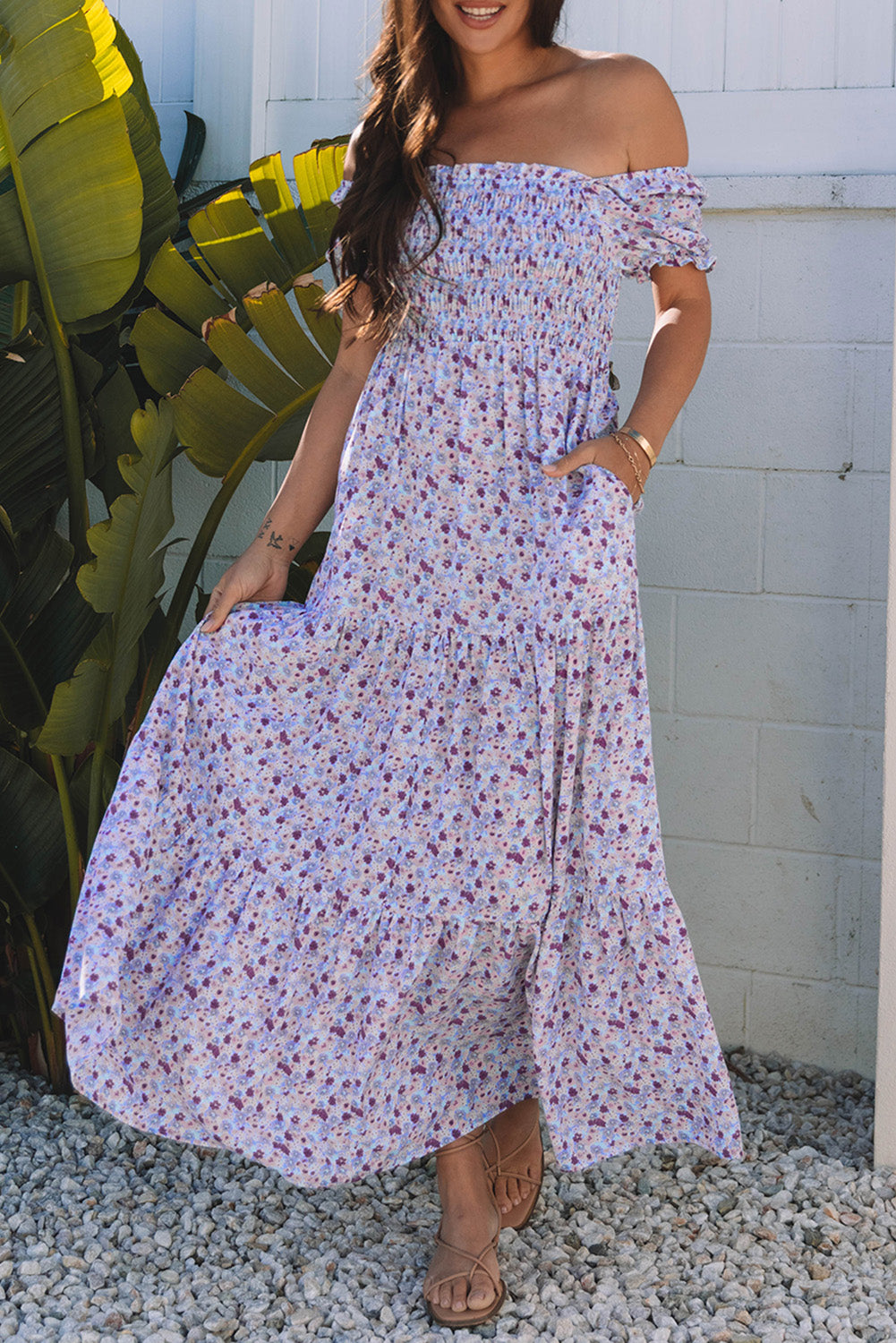 Purple Floral Bubble Sleeve Shirred High Waist Maxi Dress