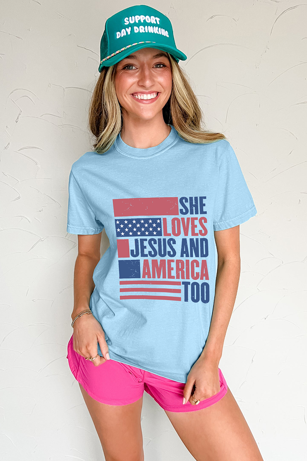 Light Blue "She Loves Jesus and America Too" Flag Graphic Tee