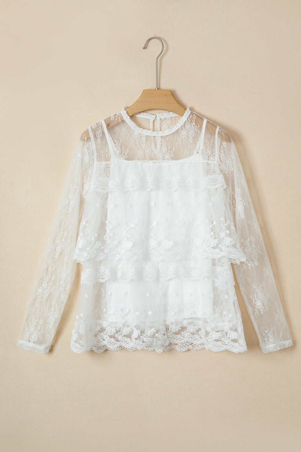 White 2-Piece Sheer Floral Lace Ruffle Tiered Blouse Set