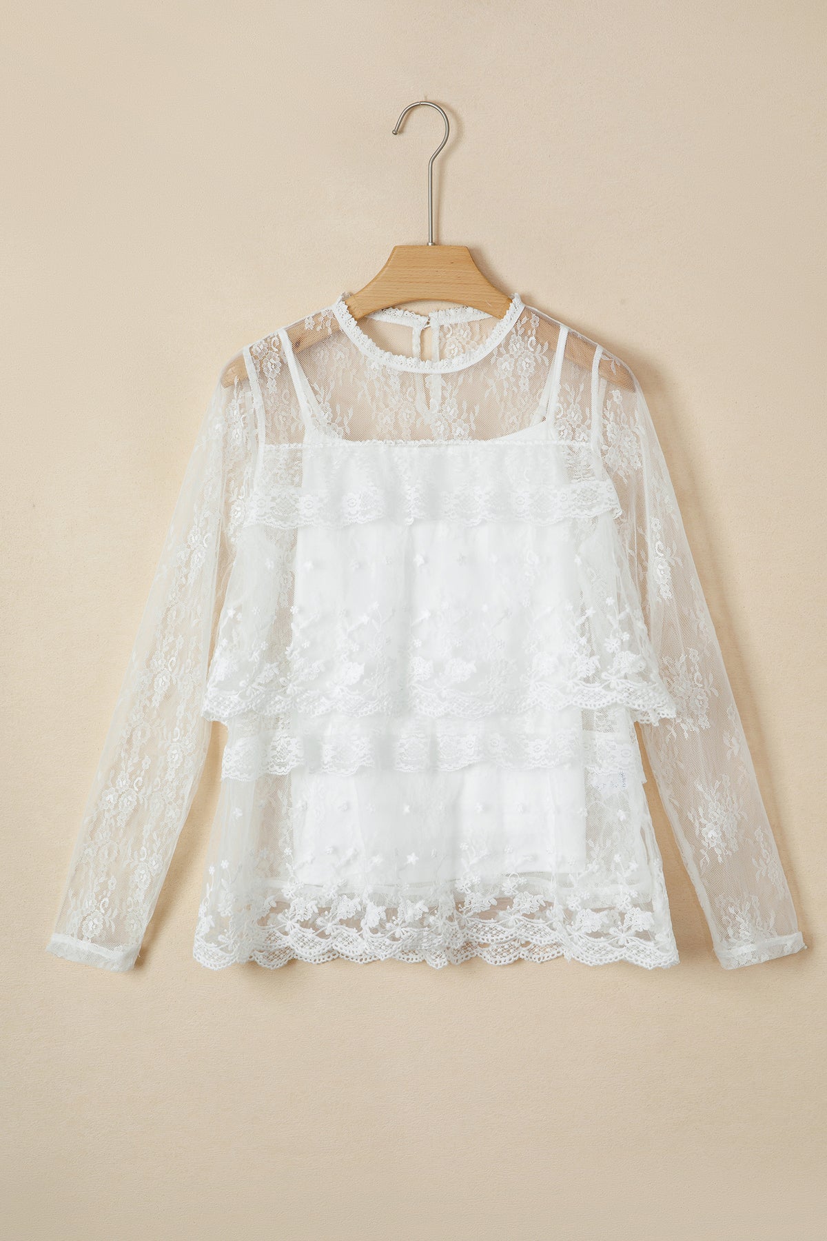 White 2-Piece Sheer Floral Lace Ruffle Tiered Blouse Set