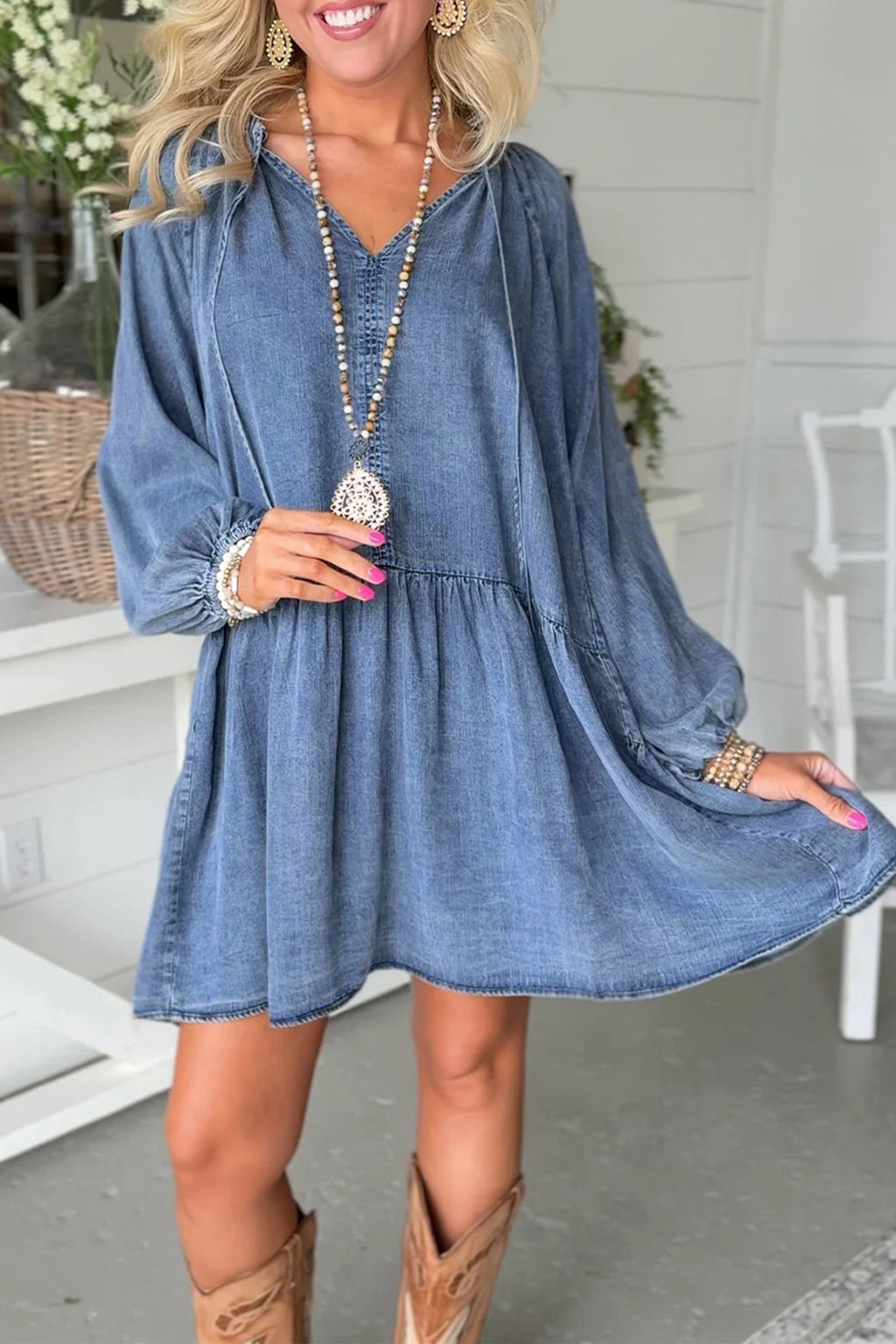 Blue Puff Sleeve V Neck Ruffled Denim Mini Dress
