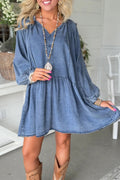 Blue Puff Sleeve V Neck Ruffled Denim Mini Dress
