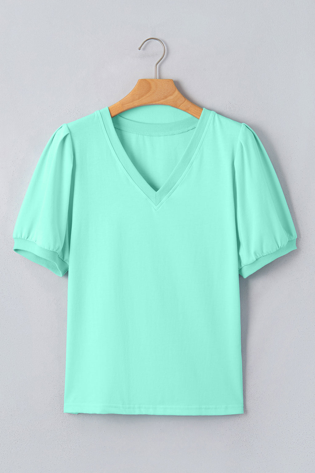 Solid Color V Neck Short Puff Sleeve Blouse