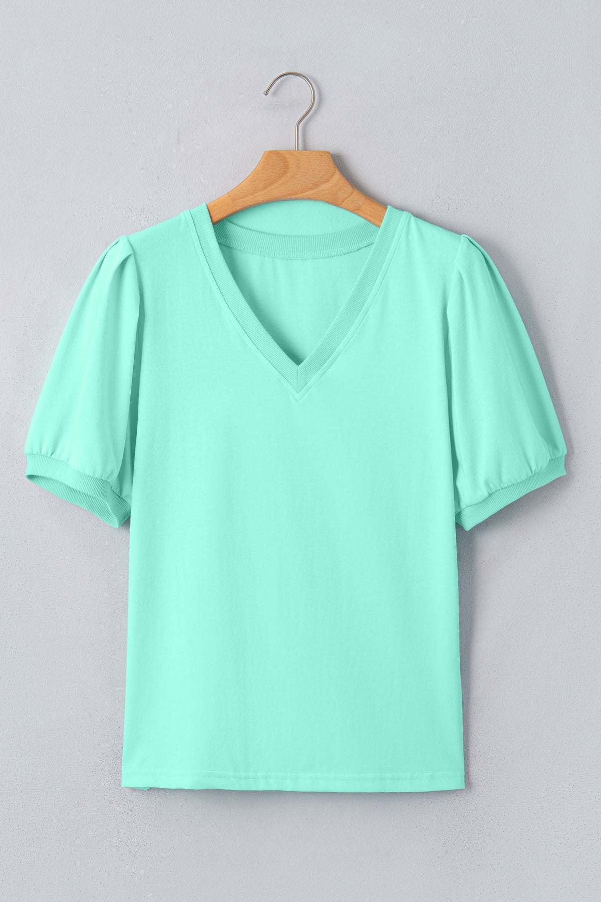 Solid Color V Neck Short Puff Sleeve Blouse