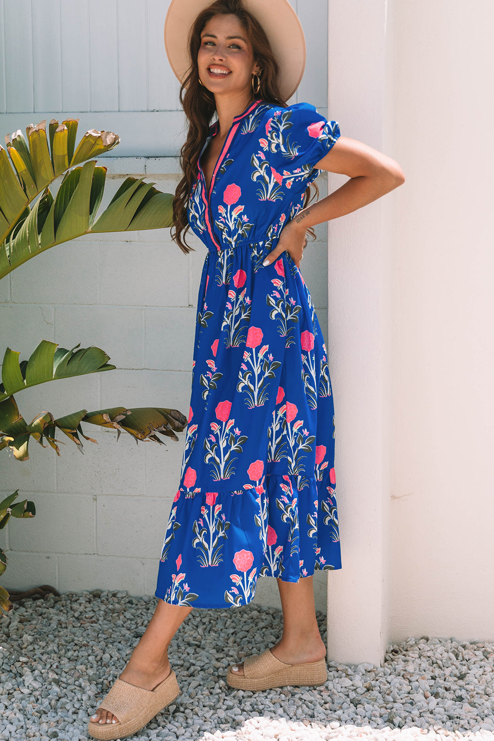 Floral Puff Sleeve V Neck High Waist Maxi Dress